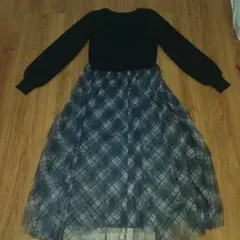 黒ニットチェック柄ロングワンピース
