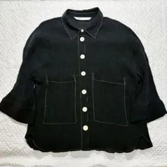ザラ ZARA シャツ 五分袖 ブラック Mサイズ ステッチ ポケット シワ加工