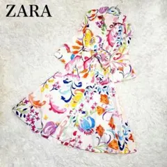 ZARA ザラ ロング リボン ワンピース 花柄 フレア Aライン　マキシ丈