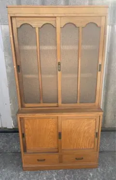 当時物 木製 無垢 ダイヤガラス 飾り彫り 茶箪笥 水屋箪笥 ガラス水屋箪笥 当時物 木製 無垢 ダイヤガラス 飾り彫り 茶箪笥 水屋箪笥