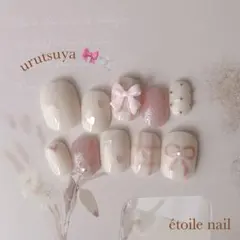 ネイルチップ 現品 ニュアンス リボン ガーリー キラキラ 落書き ピンクハート