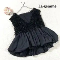 【ラジエム】ノースリーブ 切り替えデザイントップス 黒 シャギー ペプラム