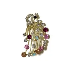 B309孔雀 羽 鳥 bird マルチカラー ラインストーン ゴールド ブローチ