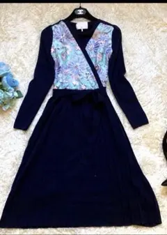美品　チェスティ　ニットワンピース ネイビー 刺繍 花　カシュクール　高級感