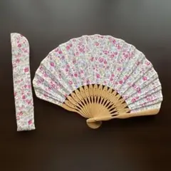 花柄 収納袋付き ピンク 扇子