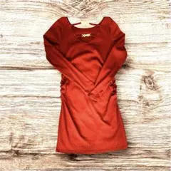 バーガンディ Vネック リブ編みワンピース M