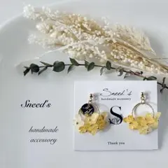 ▪ゴールドデザインフープ×手染めフラワー×メダルチャームピアス／イヤリング