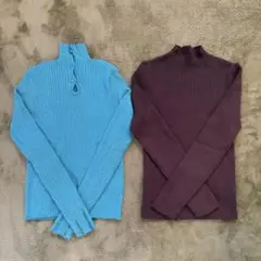 レディース リブニットセーター ターコイズグリーン・ブラウン ２枚セット