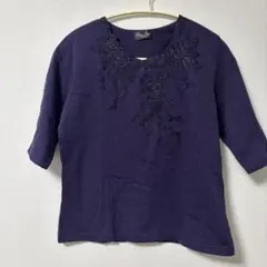 紫色 刺繍 五分袖 トップス　ミセス　シニア