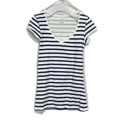 ザラ　半袖　Tシャツ　Vネック　切りっぱなし　ボーダー　オーバルネック　トップス