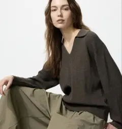 ユニクロ　ウォッシャブルニットリブポロセーター　ブラウン　M