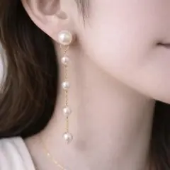 ピアス 5連パール ロングピアス ゴールドチェーン 揺れる 上品 大人エレガント