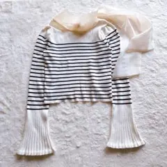 【ナイスクラップ】リブニットフレアスリーブ 後ろリボン ボーダー ショート丈 F