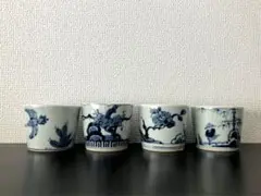 清風与平 染付回紋湯呑 九谷焼 黄釉金彩湯呑 煎茶道具 4客セット 貫入