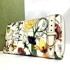 【美品】GUCCI 長財布　フローラ　ラウンドファスナー　ゴールド金具　ベルト
