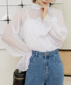 シースルー ホワイト ブラウス 長袖