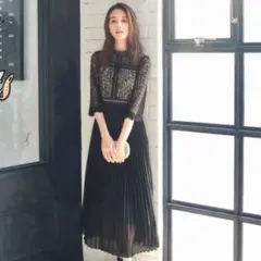 GIRL レース×オーガンジープリーツ ロング フレア ワンピース