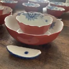 【未使用】有田焼 八陶窯 西山作 親子鉢揃 15点 朱巻菊 木箱付