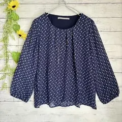 Pleuvoir ブラウス M ネイビー 総柄 長袖 アクセ付き 春/秋