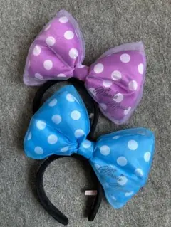 ディズニー　カチューシャ　デカリボン　水玉　水色　紫　ドット　ミニー　デイジー