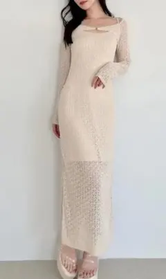 リゼクシー　透かし編みロングワンピース　アイボリー