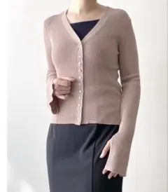 ZARA Vネック　リブ　ファインニット　カーディガン　くすみピンクベージュ　S