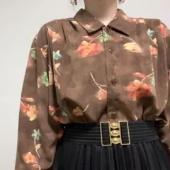 ブラウン 茶色 かすれフラワー レトロ 花柄 柄シャツ