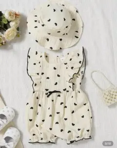 ベビー服　ハート柄ロンパースと帽子セット 62-68CM