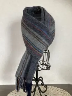 紳士ウール100% グレーのストライプマフラー