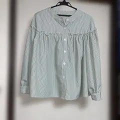 SHEIN ストライプ柄 フリルブラウス グリーン ×ホワイトM