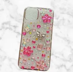 ビーズ装飾ピンクiPhone14ケース