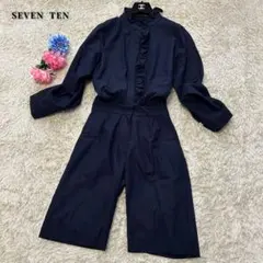 【美品】セブンテン　オールインワン　ネイビー　フリル　長袖　前ボタン　M