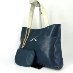 良品✨ キタムラ トートバッグ ネイビー ホワイト レザー チェーンポーチ付