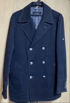 バーバリーブラックレーベル紺Mピーコートノバチェック柄エンボス