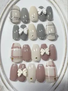 【現品２点セット】リボンネイル　チェックネイル　春ネイル　ショートバレリーナ