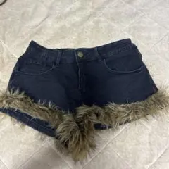 ファー付きデニムショートパンツ ブラック