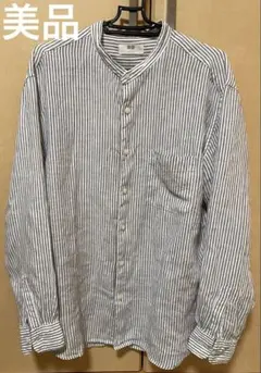 美品　UNIQLO プレミアムリネンスタンドカラストライプシャツ