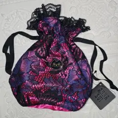 新品 タグ付き ANNA SUI 猫 フリル レース サテン 巾着ポーチ