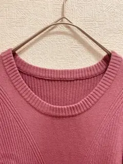 くすみピンク リブニットワンピース M ロング丈 細見え 美シルエット 秋冬