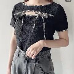 NOMAE パイピングリボントップス 黒 ブラック チェックのサムネイル