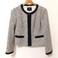 23区　ノーカラーツイードジャケット　ホワイト　ブラック　ラメ　L