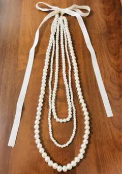 ★パールネックレス★3連★ホワイトパール★ネックレス★リボン★未使用品★美品★