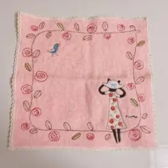 新品！ねこと小鳥のタオルハンカチ　レース　猫