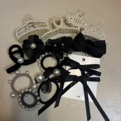 ヘアアクセサリー セット13点りぼんパールゴムバンスクリップ黒系