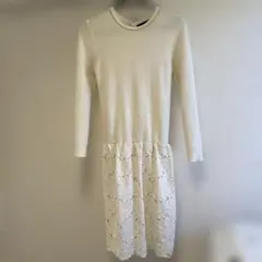 JUSGLITTY ホワイトレース　長袖ニットワンピース　ドッキングワンピース