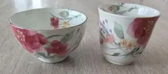 食洗機OK　花柄陶器 茶碗と湯呑みセット