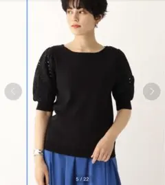 【 美品 】 C エンブロイダリーレーススリーブ ストレッチリブニット