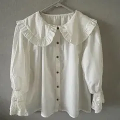 フリル襟 レース袖口 七分袖 ホワイト ブラウス