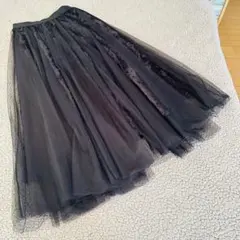 美品秋冬★グレイル★チュールロングスカート【M】ゴム 黒 スエードギャザーフレア