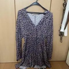 ZARA 花柄 ネイビー ワンピース Mサイズ